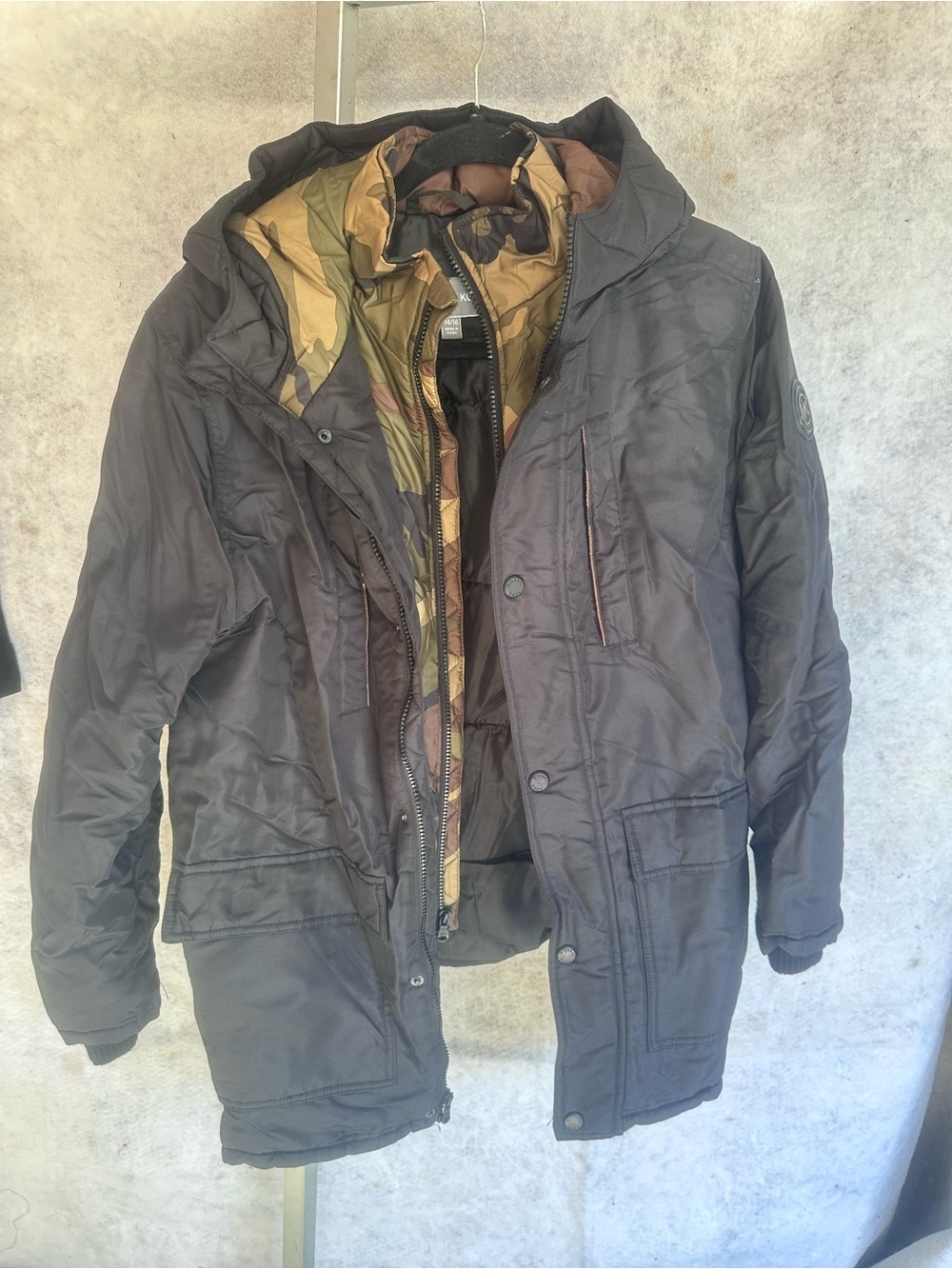 Boys Michael Kors Black Hooded Puffer Coat with Camo Lining